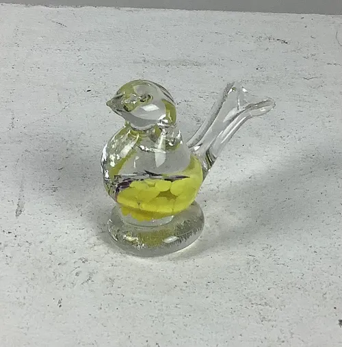 Small Clear Glass Bird with Yellow Purple and White Details 