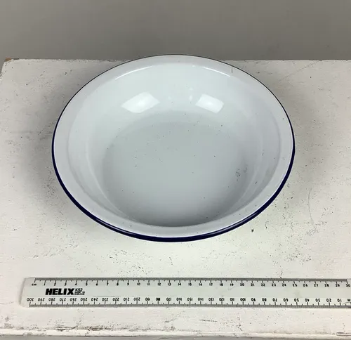 White Enamel Plate / Dish with Blue Rim