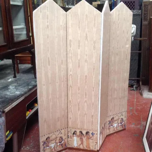 Double Sided 4 Panel Room Divider / Egyptian Pattern / Blue Fabric on Opposite Side