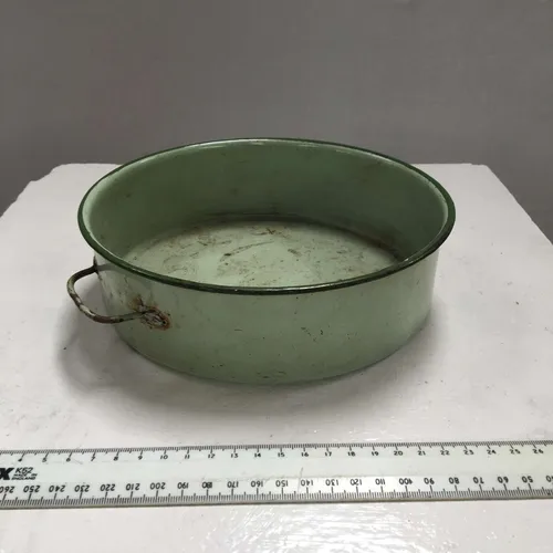 Period Green Enamel Round Pie Dish with Handles
