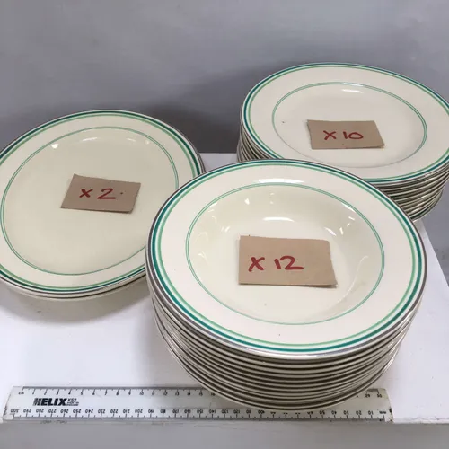 Green striped Crown Ducal crockery / dinner set with silver trim