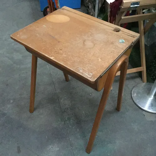 Period Wood School Desk with Hinged Compartment and Inkwell