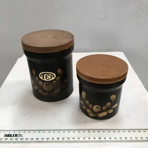 Black Ceramic Jar with Leaf Design and Wooden Lid