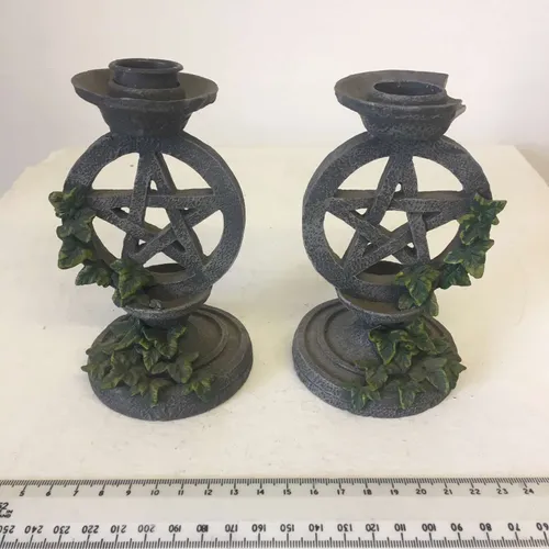 Pair of small grey Wiccan Pentagram candlesticks with leaf design