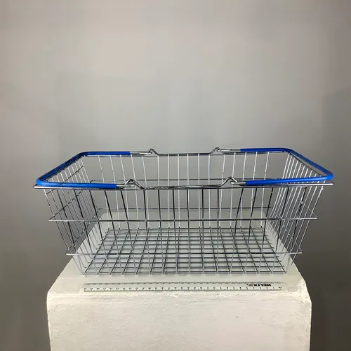 Modern wire shopping baskets with blue or green or red handles