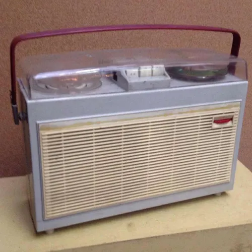 Period Philips portable reel to reel tape recorder in blue and white