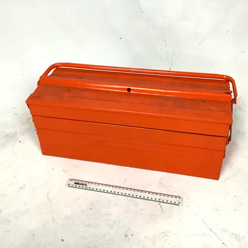 Large orange tool box with fold out storage compartments