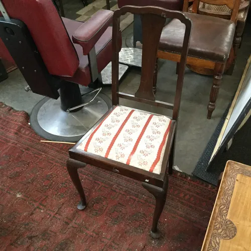 Dark Wood Dining Chair with Cream and Red Floral / Stripe Seat Pad