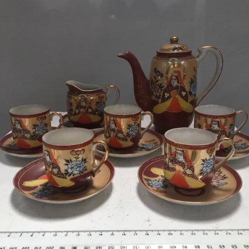 Japanese Bone China Geisha Gold and Burgundy Tea Set