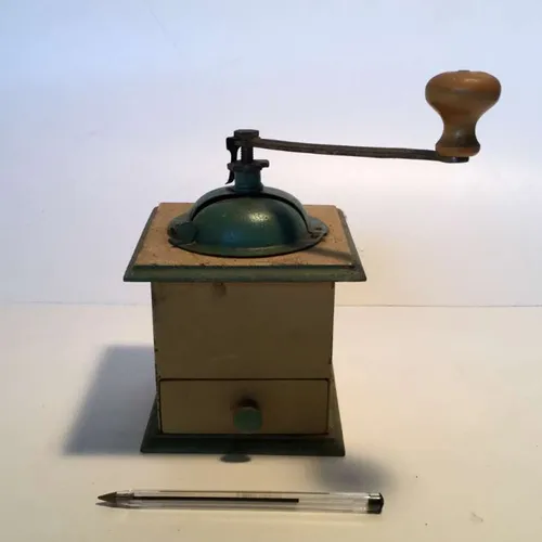 period cream and pale green coffee grinder with opening drawer