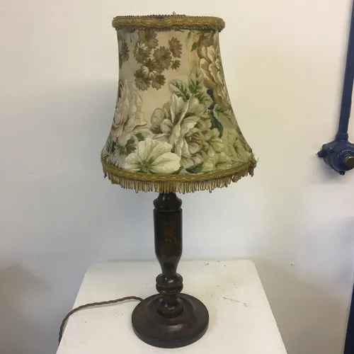 Wooden table lamp with floral shade
