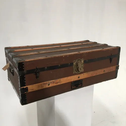 Dark brown leather and wood chest/trunk with gold lock