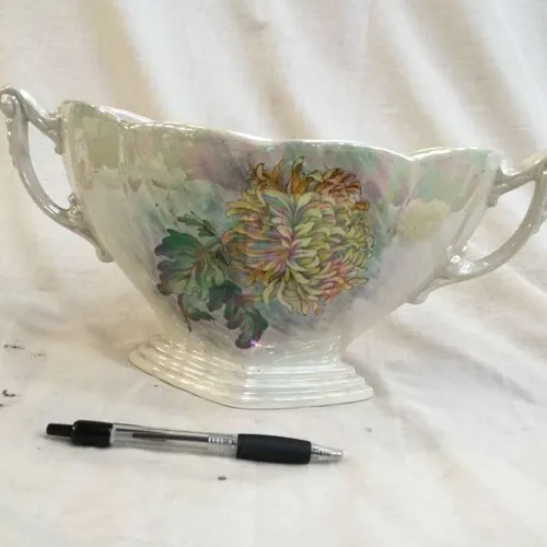 White Ceramic Floral Print Handled Vase Bowl