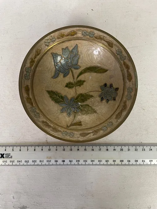 Brass Bowl with Etched Blue Flowers