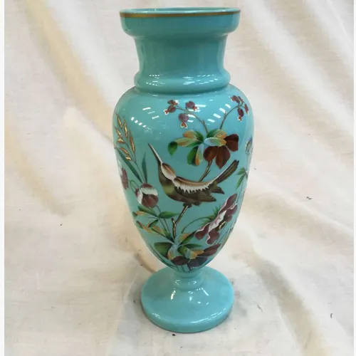 Pale blue vase with painted bird and flowers decoration