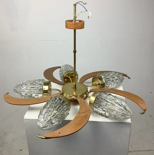 Period Wooden and Lass Fanned Ceiling Light