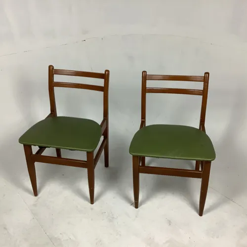 Mid Century Wood dining/office chair with olive green leather seat, 2 available.