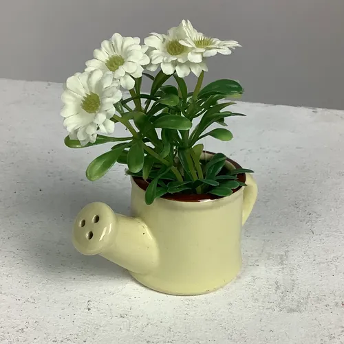Cream Ceramic 'Watering Can' Shape Plant Pot with Artificial Flowers 