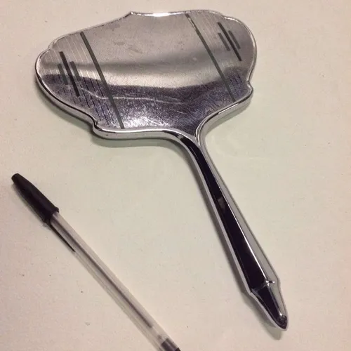 Art Deco hand held silver mirror with green striped design