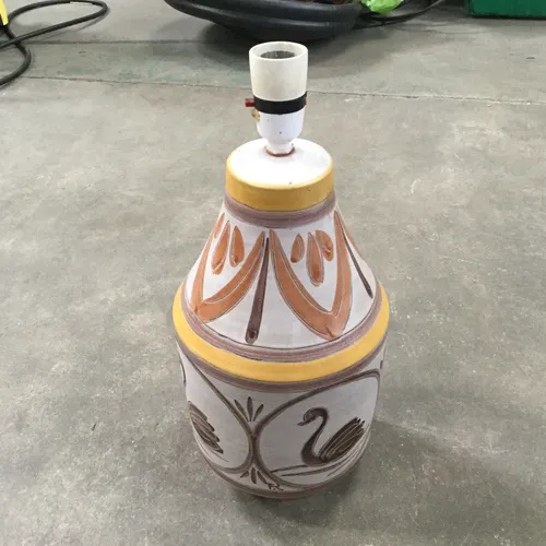 Orange, Yellow & Brown Painted Ceramic Lamp with Swan Detail