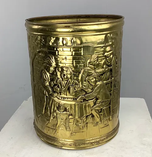 Period Brass Fireside Coal / Stick Bucket or Waste Bin with Embossed Scene
