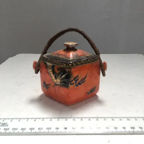 Orange and Black Sugar Bowl with Gold Detailing and Basket Handle