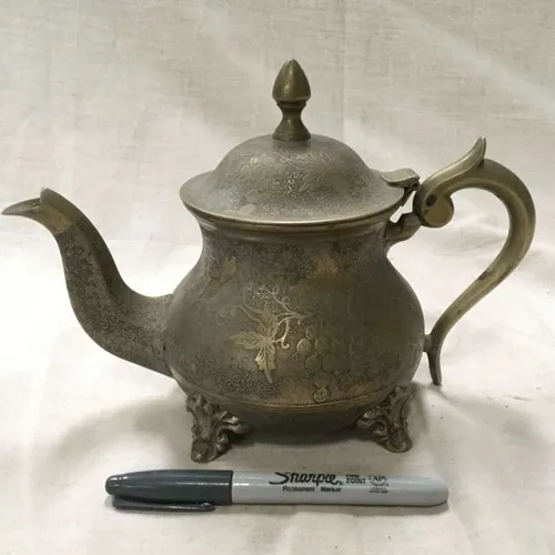 Brass Teapot with Grape and Vine Detailing 
