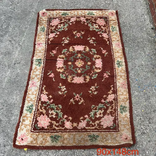 Small Brown/Burgundy Area Rug with Pink/Beige/Green Floral Pattern
