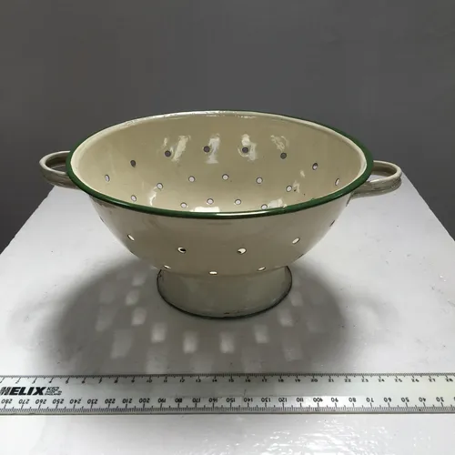 Period Cream with Green Trim Enamel Colander