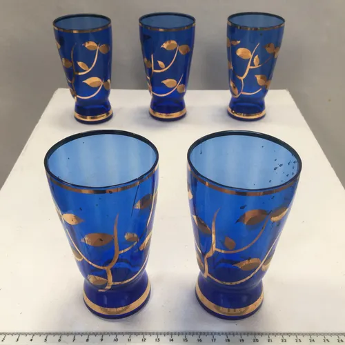 Set of 5 Blue glass with gold leaf design