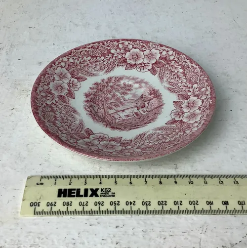 Red and White Floral and Cottage Scene China Plate / Saucer