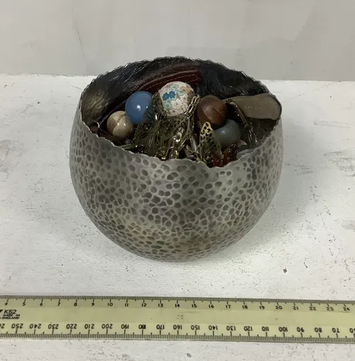 Small Hammered Metal Bowl with Quantity of Jewellery