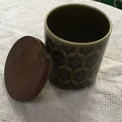 Green Patterned Ceramic Jar / Pot with Wood Lid