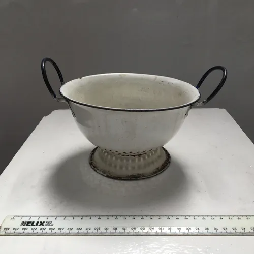 Period White with Blue Trim Small Enamel Colander