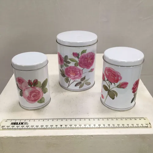 Round White Pink Rose Floral Print Storage Tin
