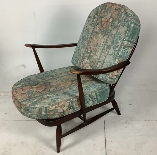 Period Wood Frame Ercol Arm Chair with Light Blue Floral Print Cushions 