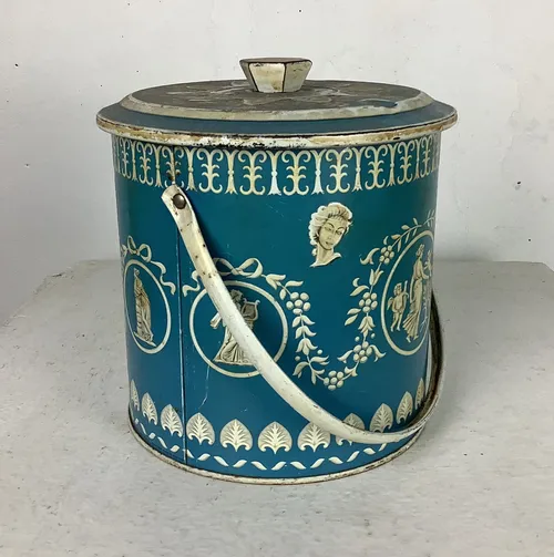 Blue and White Patterned Metal Tin with Handle and Lid