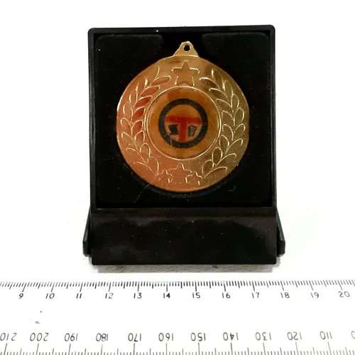 Gold sports medal in black plastic folding display case