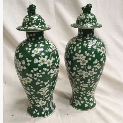 Green China Baluster Vase/Ginger Jar with Hawthorn Flower Design