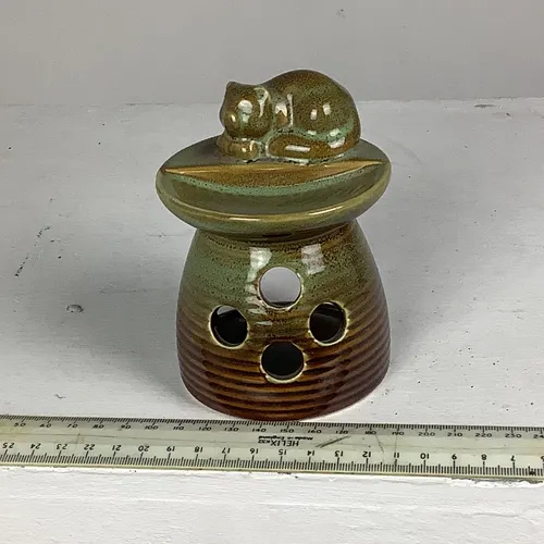 Glazed Ceramic Brown / Green Candle Holder with cat on Top