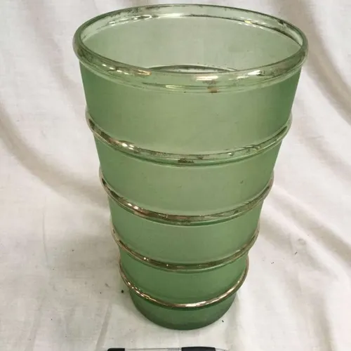 Tall green frosted glass vase with gold trim 