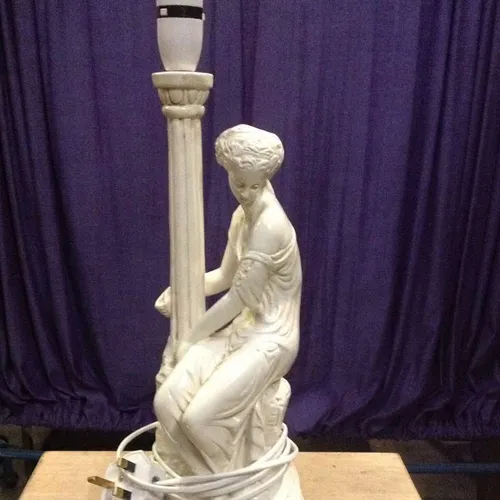 white marble stick lamp base with seated woman figure