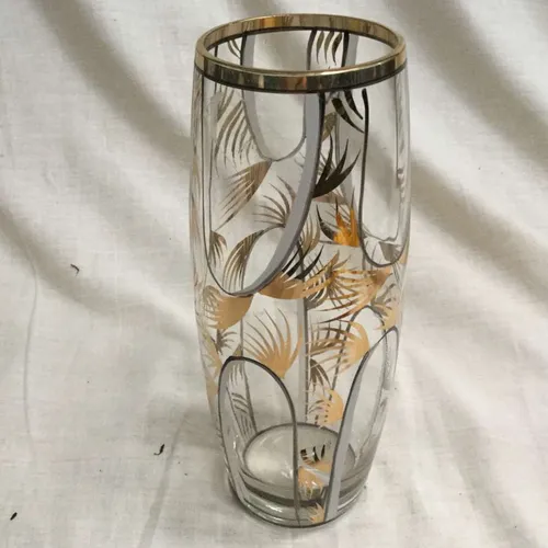Mid Century Glass vase with gold leaf design and trim