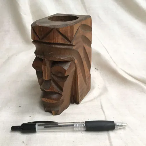Carved Wood Face Pen Pot