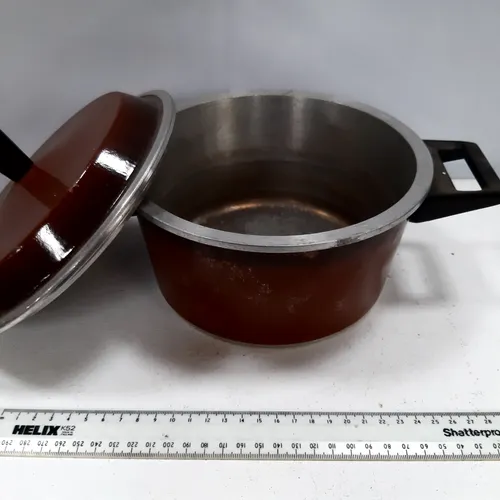 Brown metal cooking pot with lid 1970s