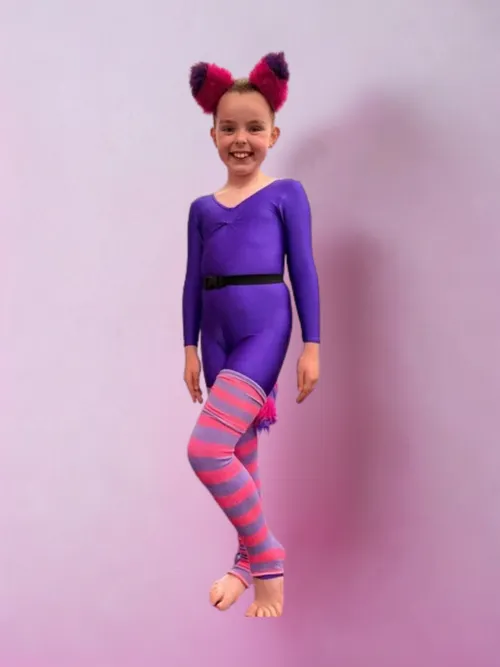 Complete Cheshire Cat Combination with Purple Unitard, Leg Warmers, Ears and Tail