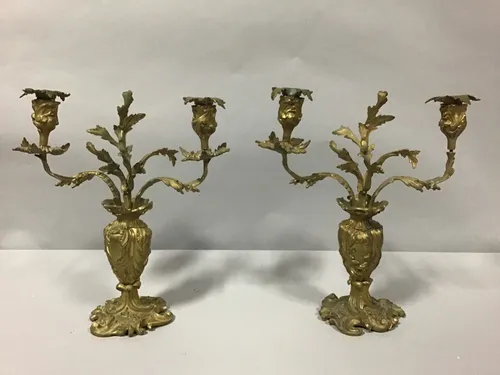 pair french antique ornate brass candelabras 