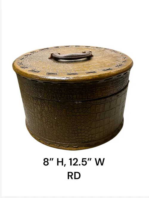 brown leather embossed vintage hat box with handle brown alligator print