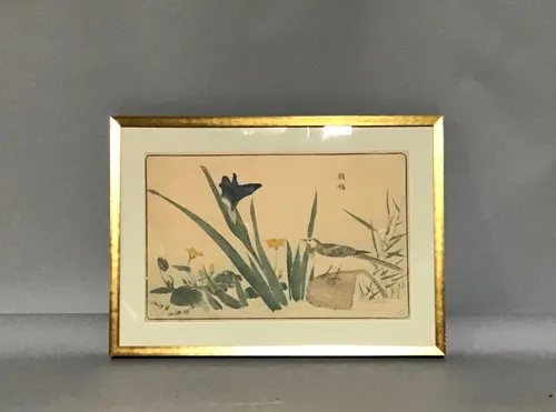 japanese print blue iris and bird 