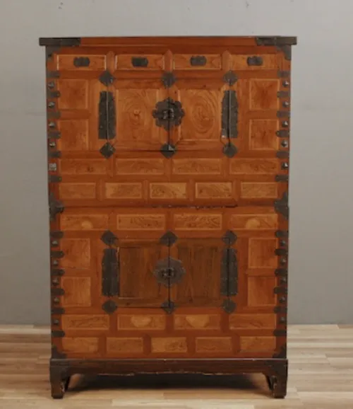 korean burl wood and brass cabinet 